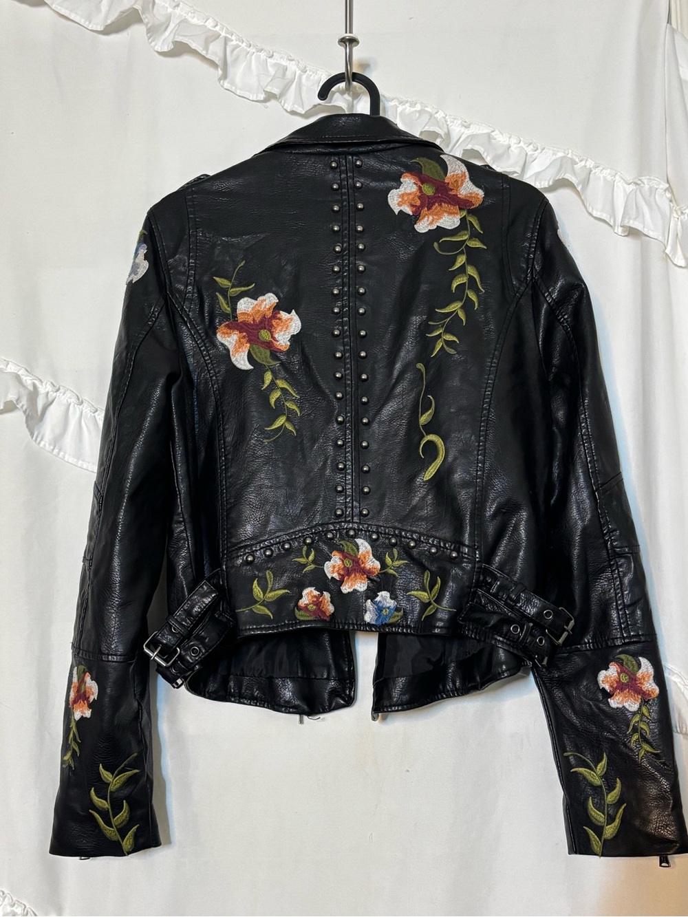 Black Floral Embroidered Faux Leather Biker Jacket